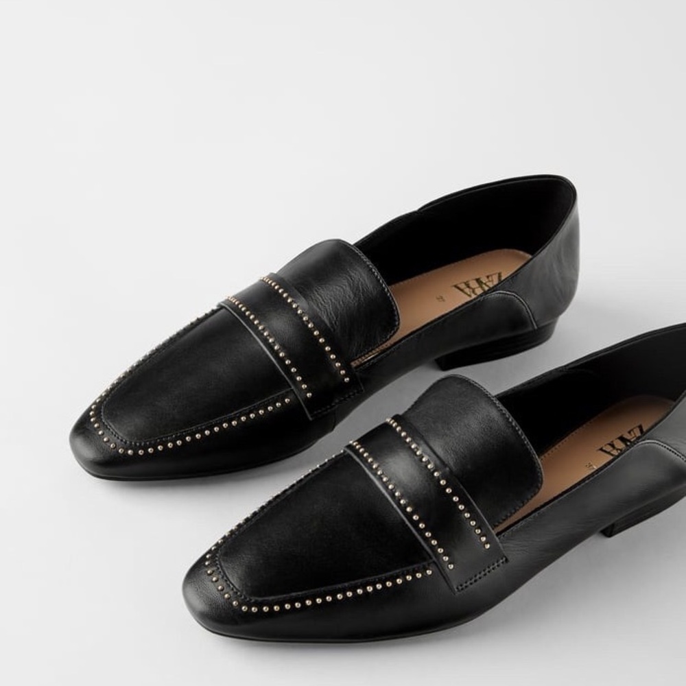 ZARA SOFT LEATHER STUDDED BLACK GOLD LOAFERS BRAND NEW WITH TAGS US 10/ EUR 41